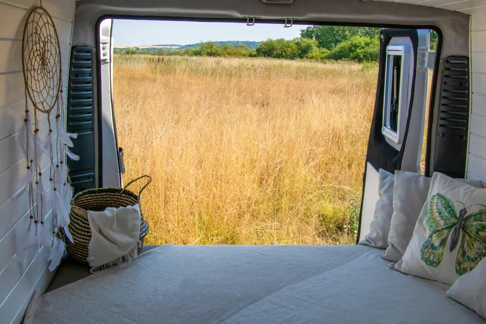 Vista desde la cama de una camper a través de la puerta lateral abierta hacia un campo de hierba alta y dorada